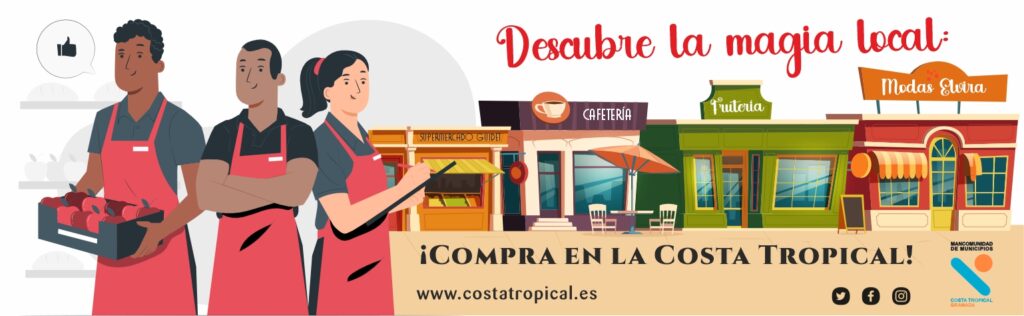 Ilustración promocional de la campaña 'Compra en la Costa Tropical', con comerciantes locales y varios negocios como frutería, cafetería, supermercado y tienda de moda, junto al mensaje ‘Descubre la magia local’.