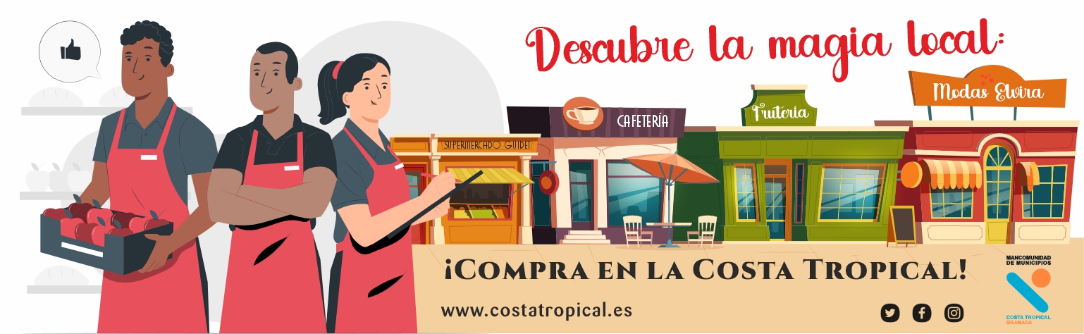 Ilustración promocional de la campaña 'Compra en la Costa Tropical', con comerciantes locales y varios negocios como frutería, cafetería, supermercado y tienda de moda, junto al mensaje ‘Descubre la magia local’.