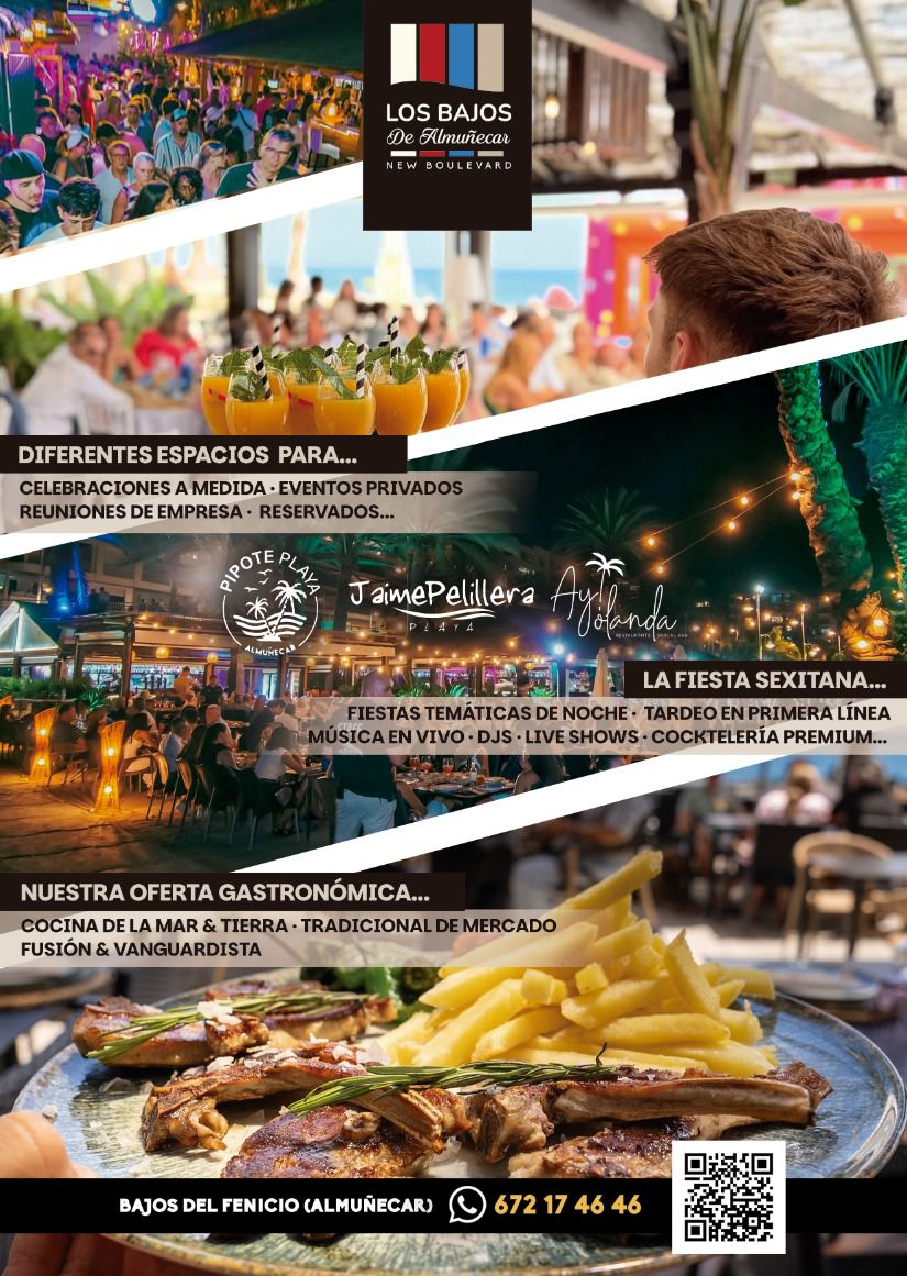 Cartel promocional de Los Bajos de Almuñécar con imágenes de sus terrazas, eventos nocturnos, cócteles y oferta gastronómica. Incluye información sobre espacios para celebraciones, fiestas temáticas, música en vivo, coctelería premium y cocina de mar y tierra. Ubicado en Bajos del Fenicio, Almuñécar, con teléfono de contacto 672 17 46 46.