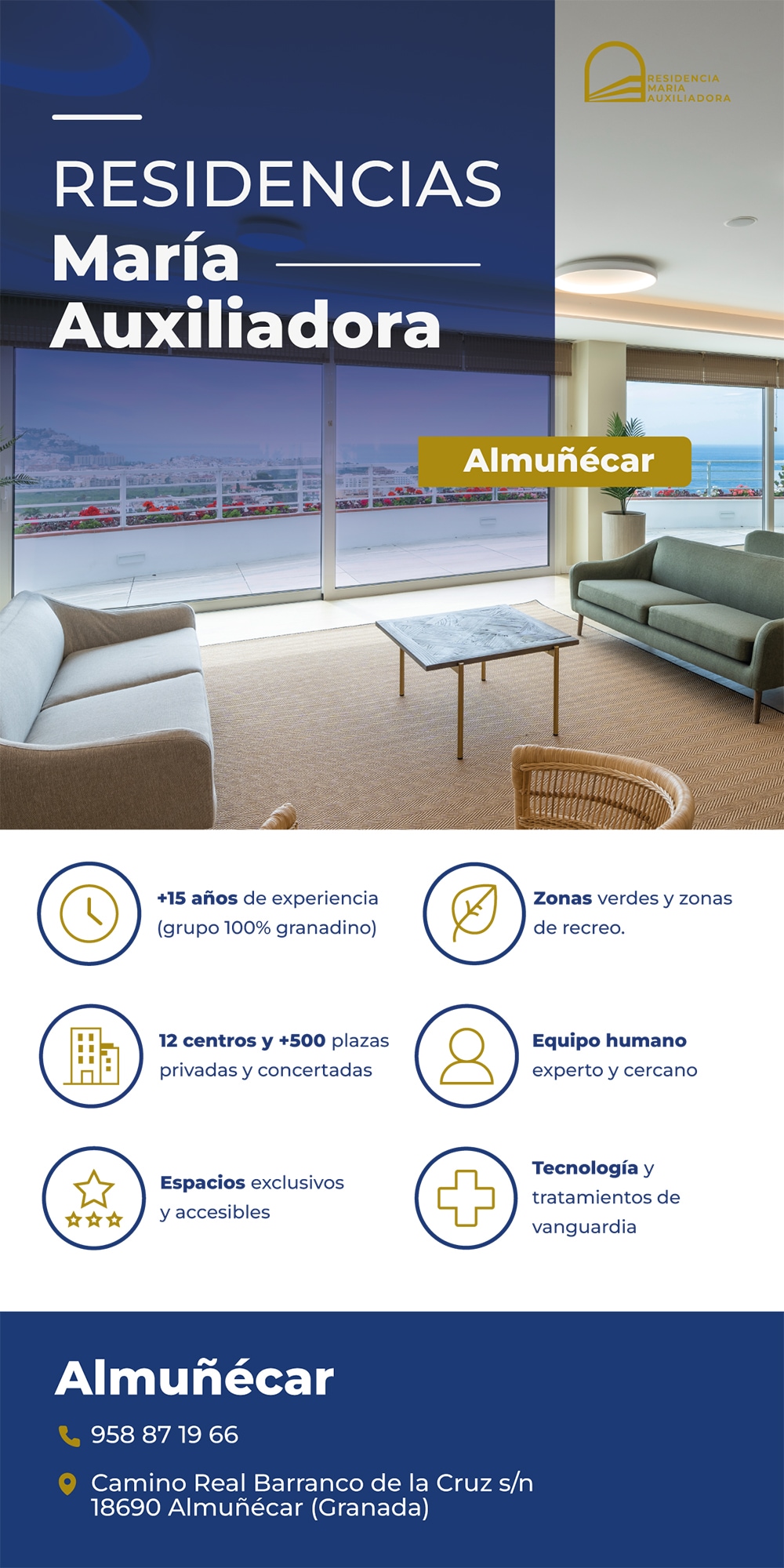 Cartel informativo de la Residencia María Auxiliadora en Almuñécar, con una imagen de su sala de estar y detalles sobre sus servicios: más de 15 años de experiencia, zonas verdes, 12 centros y más de 500 plazas, equipo humano experto, espacios accesibles y tecnología avanzada. Incluye dirección y teléfono de contacto.