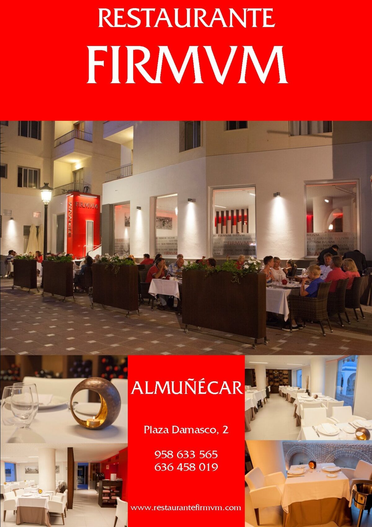 Cartel del Restaurante Firmvm en Almuñécar con imágenes de su terraza nocturna y del interior del local, junto con la dirección Plaza Damasco 2 y teléfonos de contacto.